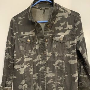 Crop oversized camo denim jacket with a touch of floral cutout & sparkle detail